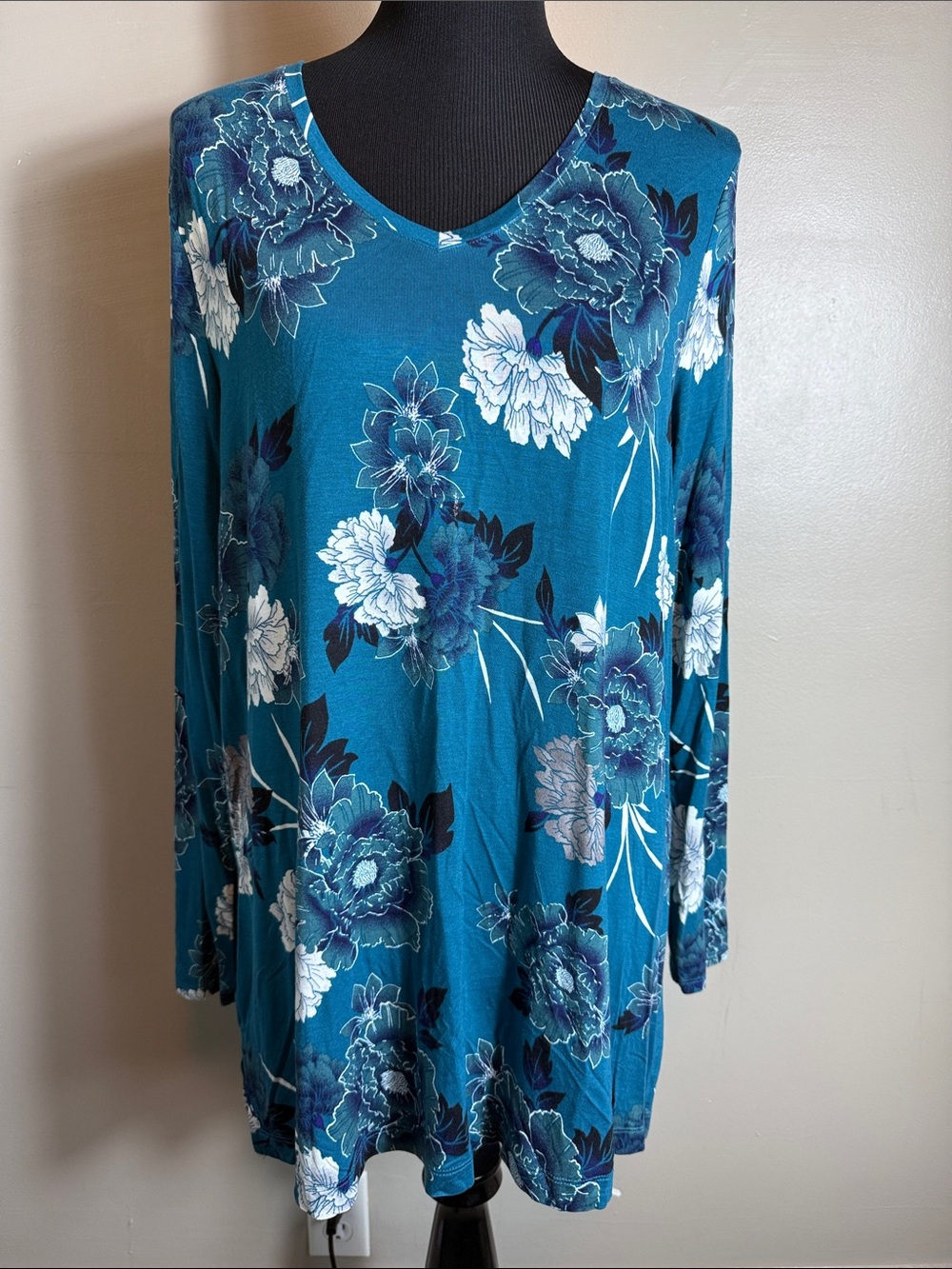 Apt. 9 Women’s Teal Floral V-Neck Long Sleeve Tunic Top Sz L